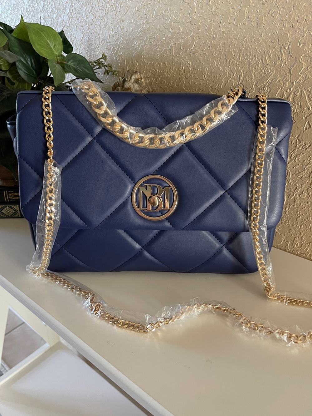 NWT Badgley Mischka Navy Quilted Shoulder Bag with Gold Chain